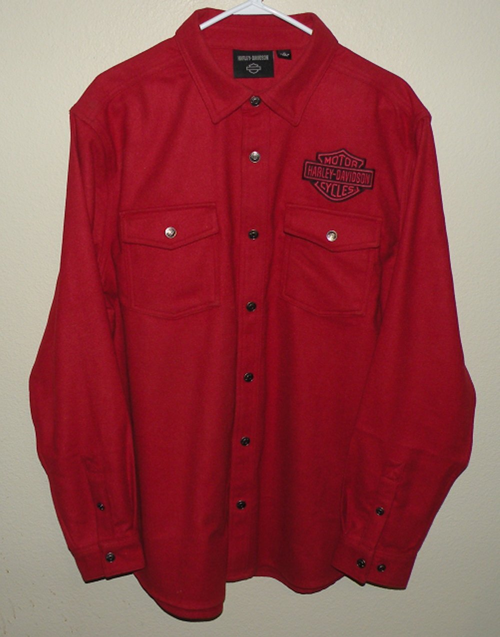 Harley Davidson Men’s XL LS Shadow Shirt Snap Chili Pepper Red Wool Embroidered